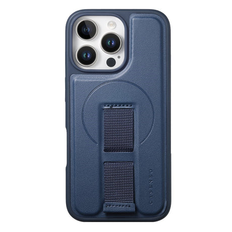 iPhone 15 Pro Hard Plastic Case with Faux Leather Back & Finger Strap - MagSafe Compatible - Blue