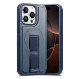 iPhone 15 Pro Hard Plastic Case with Faux Leather Back & Finger Strap - MagSafe Compatible - Blue