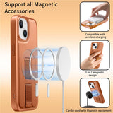 iPhone 15 Hard Plastic Case with Faux Leather Back & Finger Strap - MagSafe Compatible - Brown