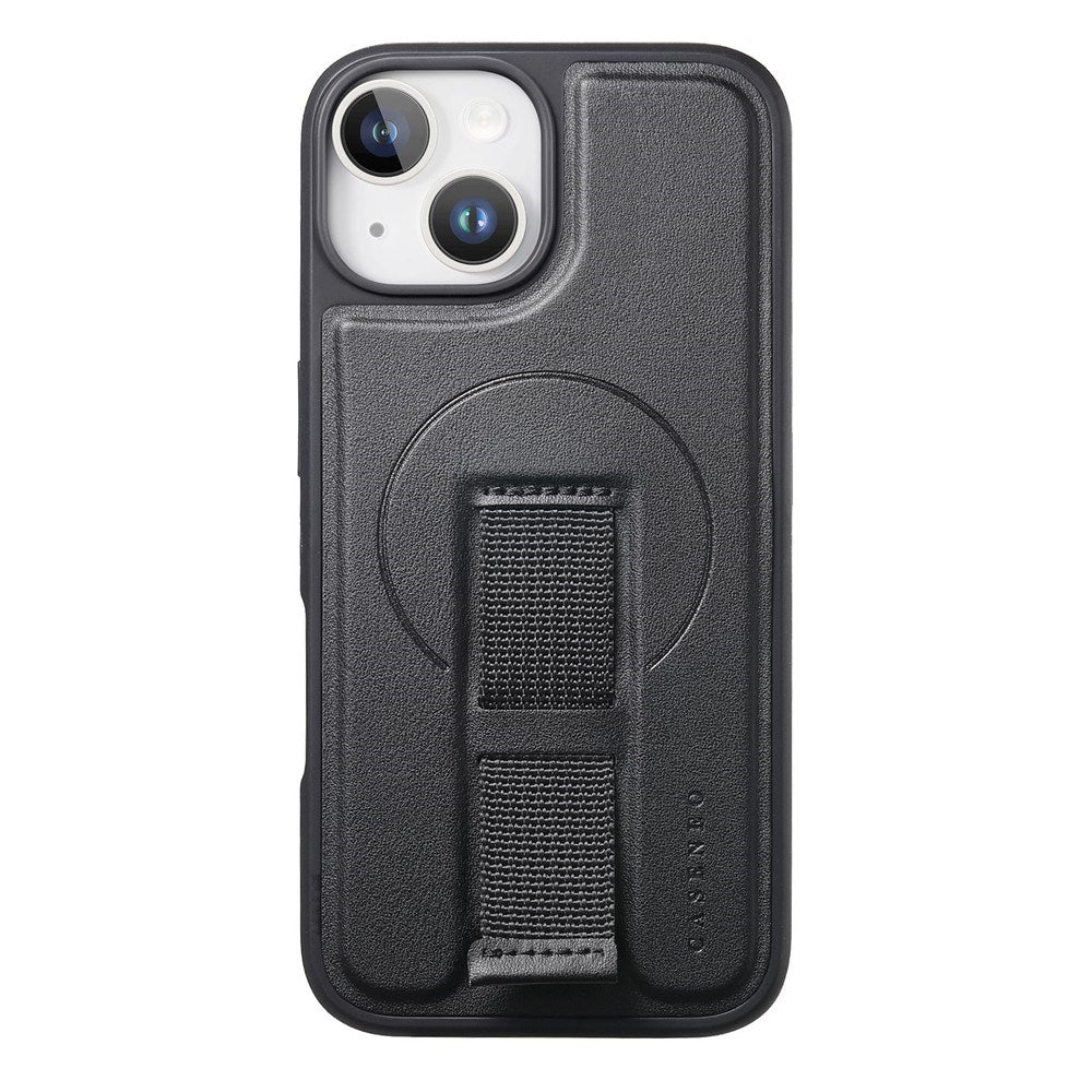 iPhone 15 Hard Plastic Case with Faux Leather Back & Finger Strap - MagSafe Compatible - Black