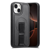 iPhone 15 Hard Plastic Case with Faux Leather Back & Finger Strap - MagSafe Compatible - Black