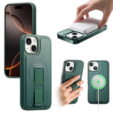 iPhone 15 Hard Plastic Case with Faux Leather Back & Finger Strap - MagSafe Compatible - Green