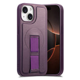 iPhone 15 Hard Plastic Case with Faux Leather Back & Finger Strap - MagSafe Compatible - Purple