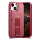 iPhone 15 Hard Plastic Case with Faux Leather Back & Finger Strap - MagSafe Compatible - Red