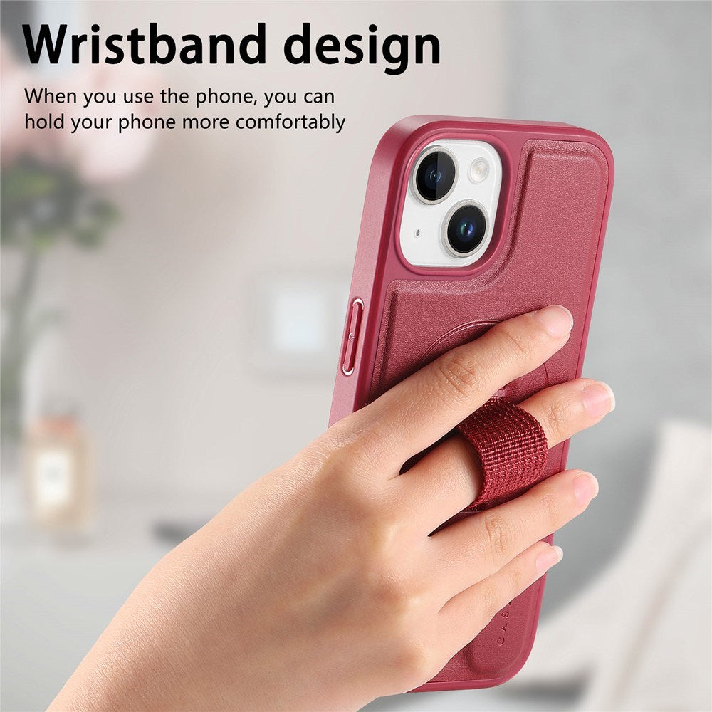 iPhone 15 Hard Plastic Case with Faux Leather Back & Finger Strap - MagSafe Compatible - Red