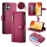 EIDERWOOD iPhone 17 Flip Case with Card Holder / Zipper Pocket / Strap - Red