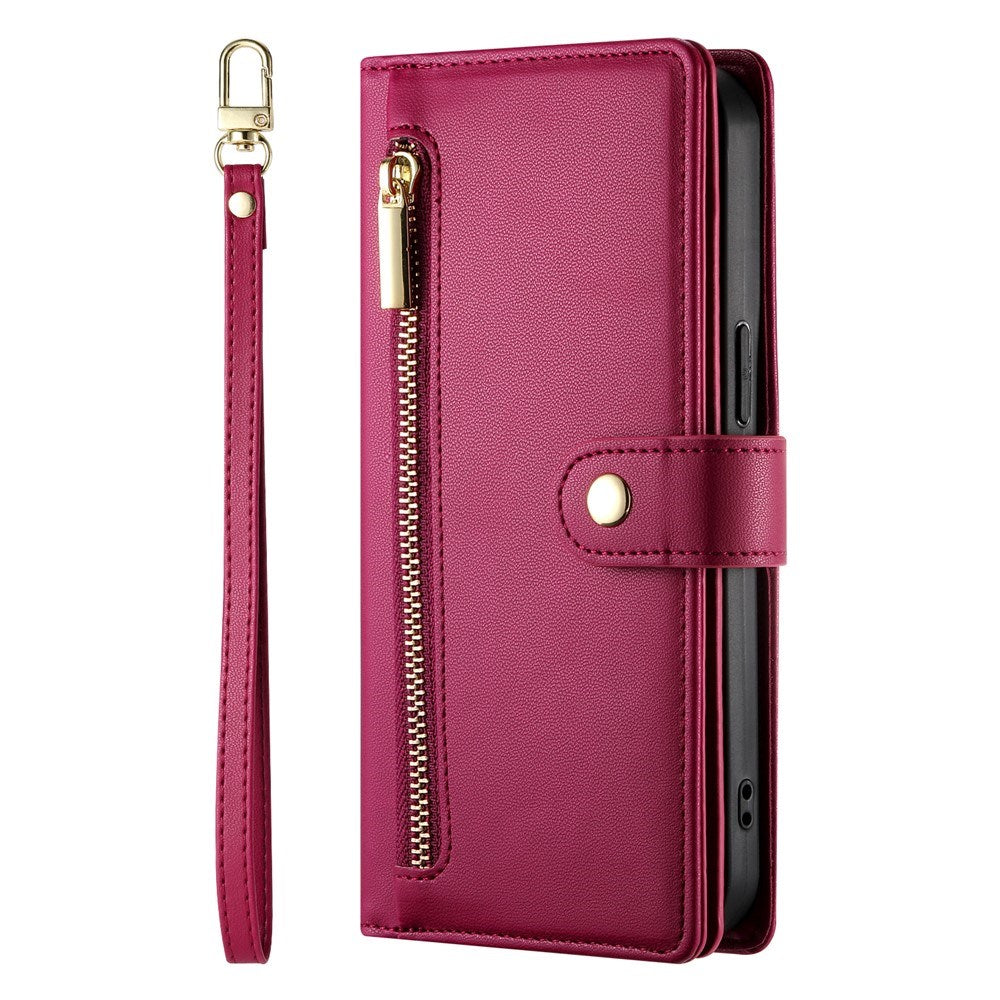 EIDERWOOD iPhone 17 Flip Case with Card Holder / Zipper Pocket / Strap - Red