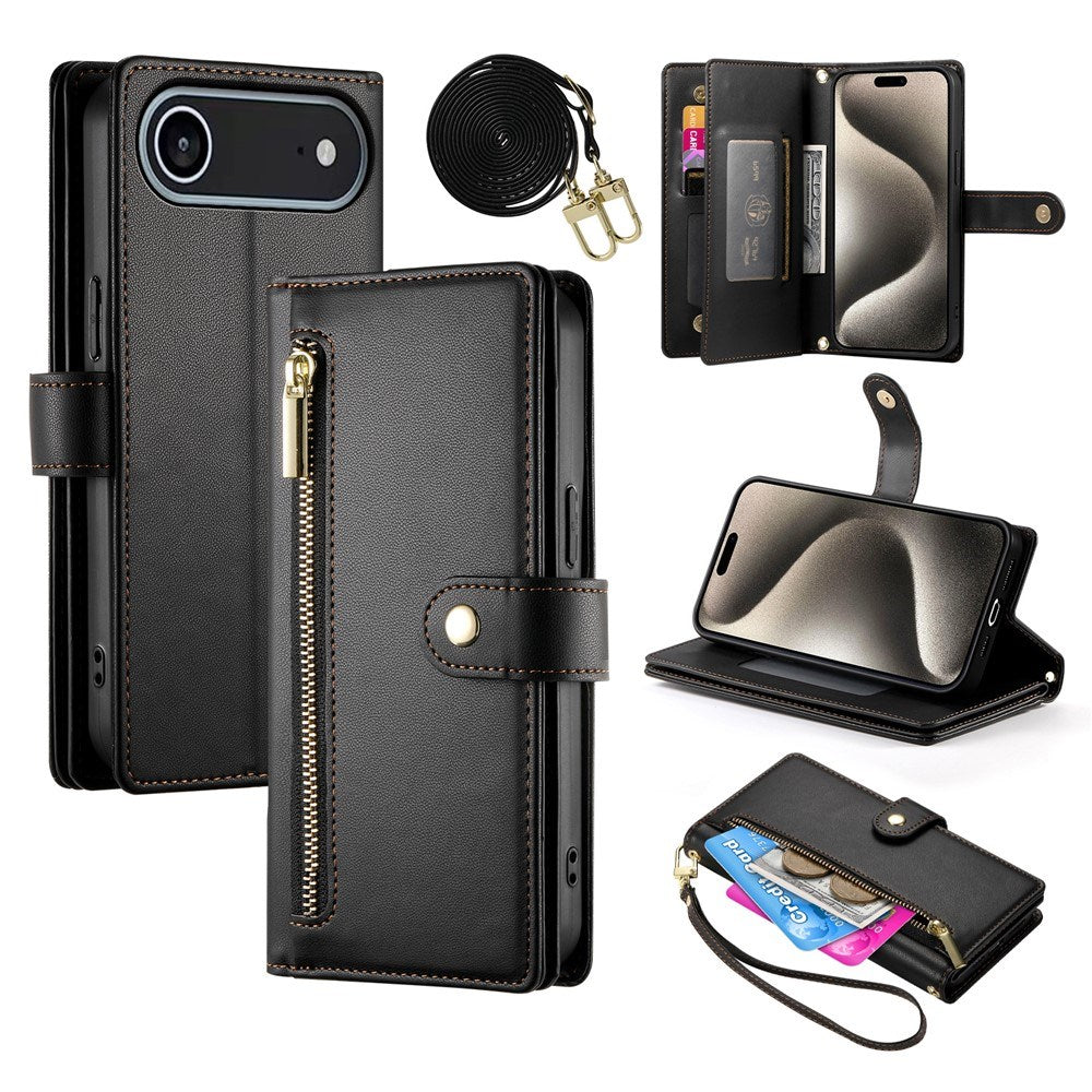 EIDERWOOD iPhone Air Flip Case with Card Holder / Zipper Pocket / Strap - Black