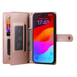 EIDERWOOD iPhone 17 Pro Flip Case with Card Holder / Zipper Pocket / Strap - Rose Gold