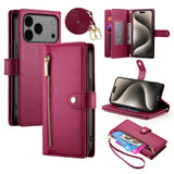 EIDERWOOD iPhone 17 Pro Max Flip Case with Card Holder / Zipper Pocket / Strap - Red