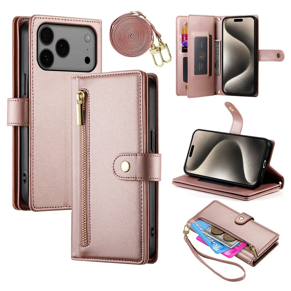 EIDERWOOD iPhone 17 Pro Max Flip Case with Card Holder / Zipper Pocket / Strap - Rose Gold
