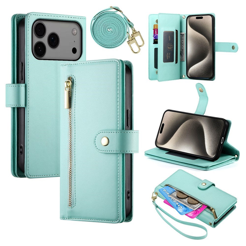 EIDERWOOD iPhone 17 Pro Max Flip Case with Card Holder / Zipper Pocket / Strap - Turquoise