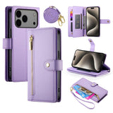 EIDERWOOD iPhone 17 Pro Max Flip Case with Card Holder / Zipper Pocket / Strap - Purple