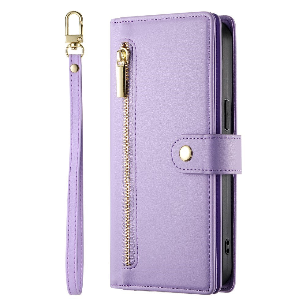EIDERWOOD iPhone 17 Pro Max Flip Case with Card Holder / Zipper Pocket / Strap - Purple