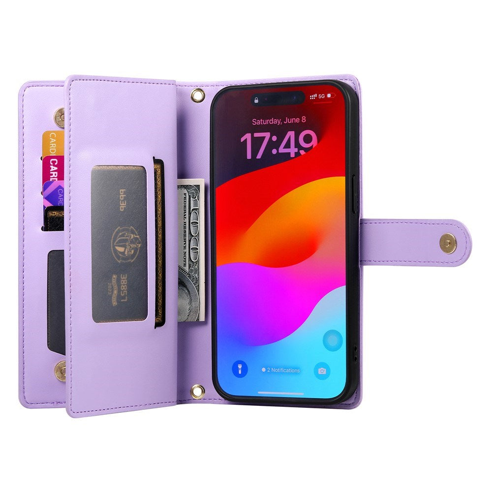 EIDERWOOD iPhone 17 Pro Max Flip Case with Card Holder / Zipper Pocket / Strap - Purple