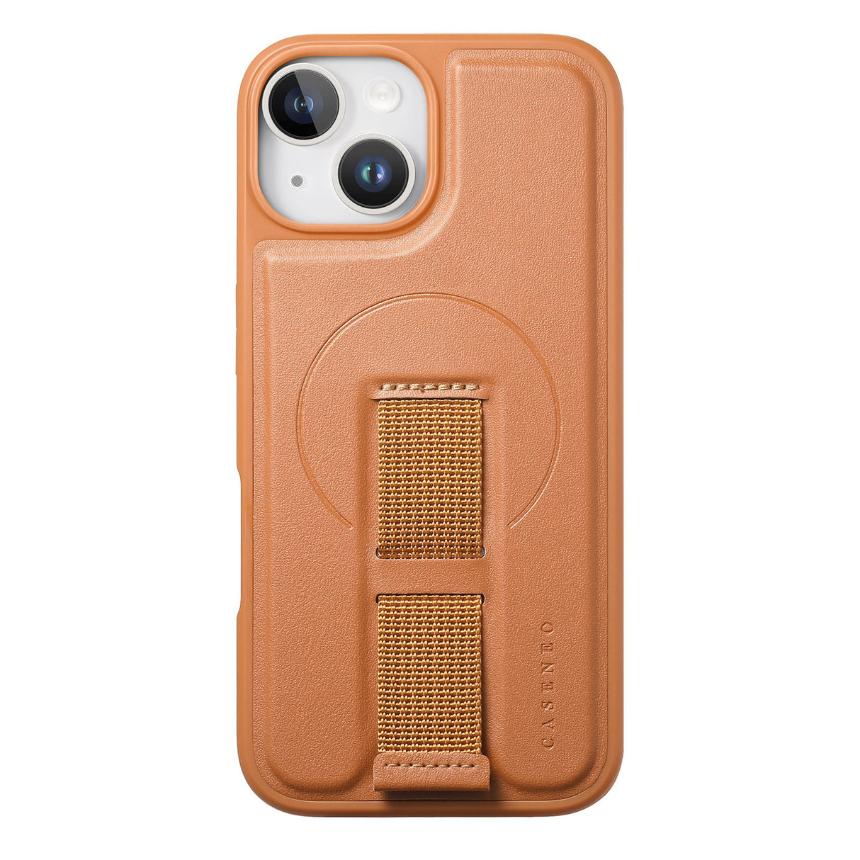 iPhone 14 / 13 Hard Plastic Case with Faux Leather Back & Finger Strap - MagSafe Compatible - Brown