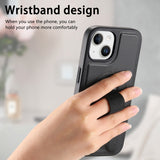 iPhone 14 / 13 Hard Plastic Case with Faux Leather Back & Finger Strap - MagSafe Compatible - Black