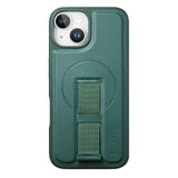 iPhone 14 / 13 Hard Plastic Case with Faux Leather Back & Finger Strap - MagSafe Compatible - Green