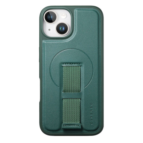 iPhone 14 / 13 Hard Plastic Case with Faux Leather Back & Finger Strap - MagSafe Compatible - Green