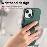 iPhone 14 / 13 Hard Plastic Case with Faux Leather Back & Finger Strap - MagSafe Compatible - Green