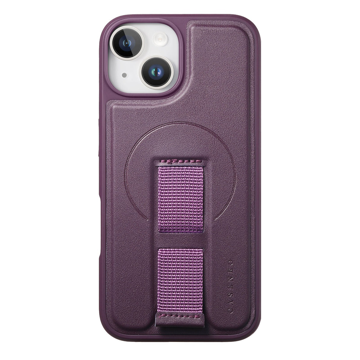 iPhone 14 / 13 Hard Plastic Case with Faux Leather Back & Finger Strap - MagSafe Compatible - Purple