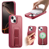 iPhone 14 / 13 Hard Plastic Case with Faux Leather Back & Finger Strap - MagSafe Compatible - Red