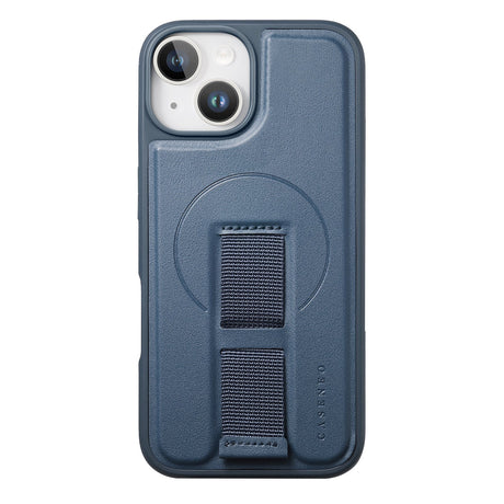 iPhone 14 / 13 Hard Plastic Case with Faux Leather Back & Finger Strap - MagSafe Compatible - Blue