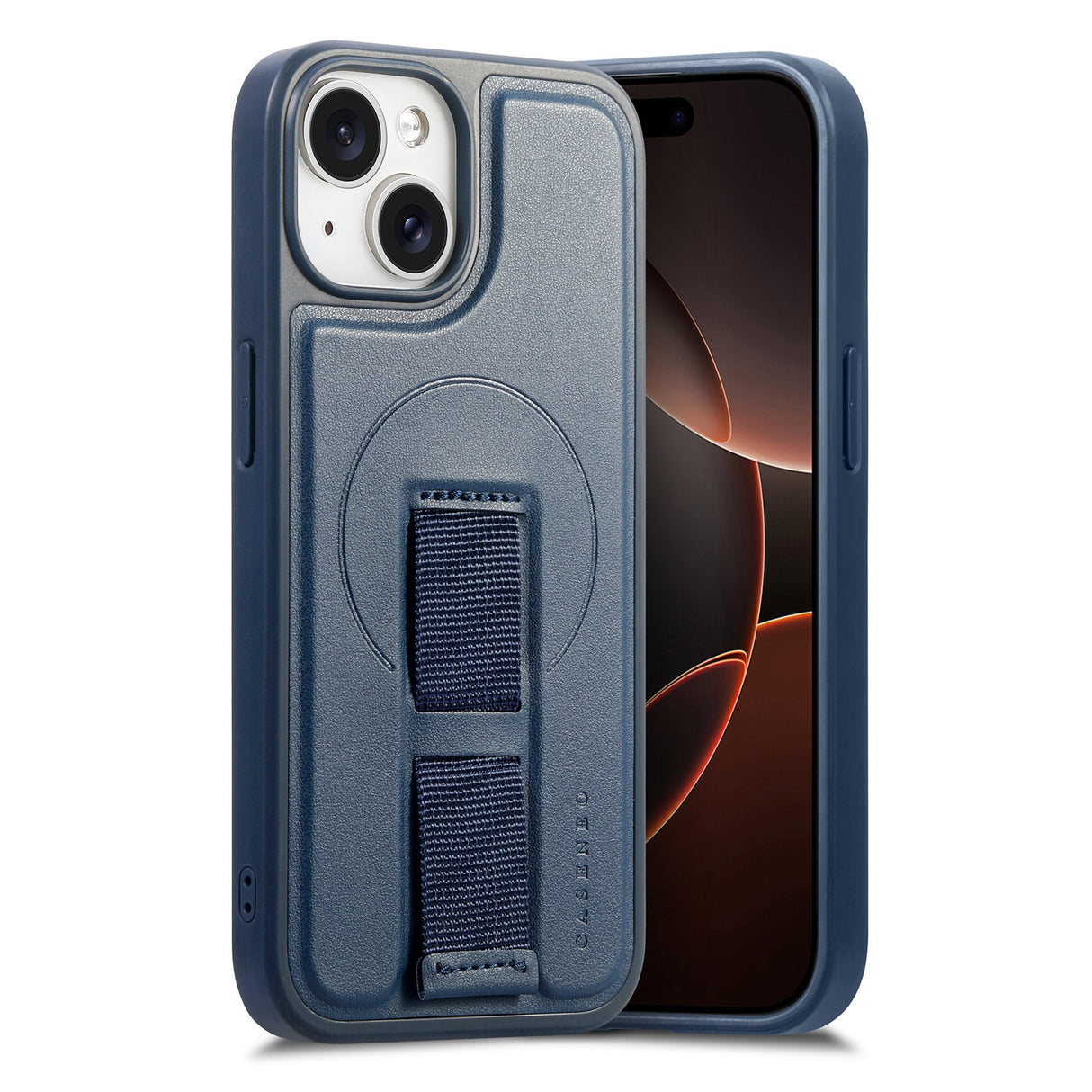 iPhone 14 / 13 Hard Plastic Case with Faux Leather Back & Finger Strap - MagSafe Compatible - Blue