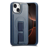 iPhone 14 / 13 Hard Plastic Case with Faux Leather Back & Finger Strap - MagSafe Compatible - Blue