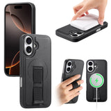 iPhone 16 Hard Plastic Case with Faux Leather Back & Finger Strap - MagSafe Compatible - Black