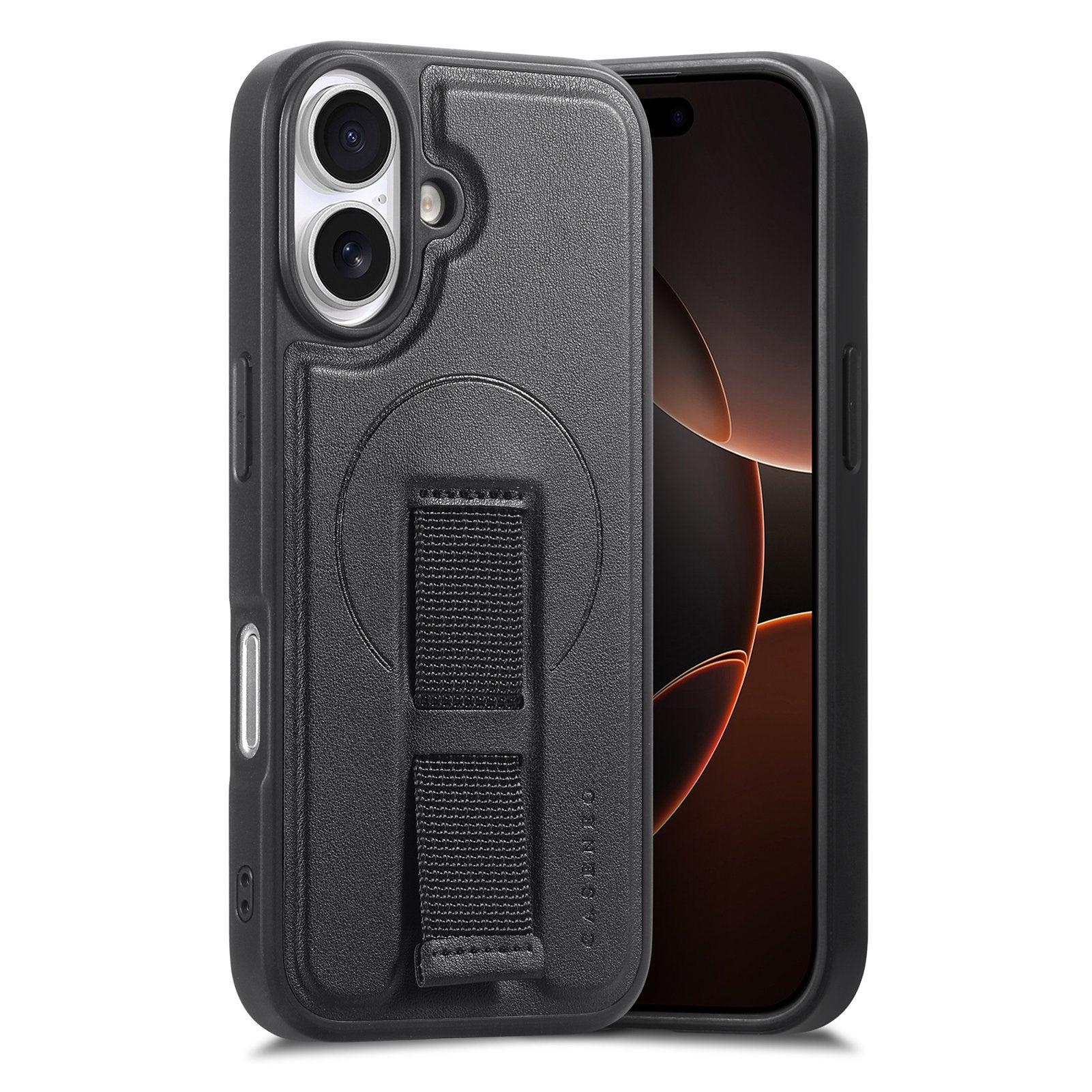 iPhone 16 Hard Plastic Case with Faux Leather Back & Finger Strap - MagSafe Compatible - Black