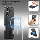 iPhone 16 Hard Plastic Case with Faux Leather Back & Finger Strap - MagSafe Compatible - Black