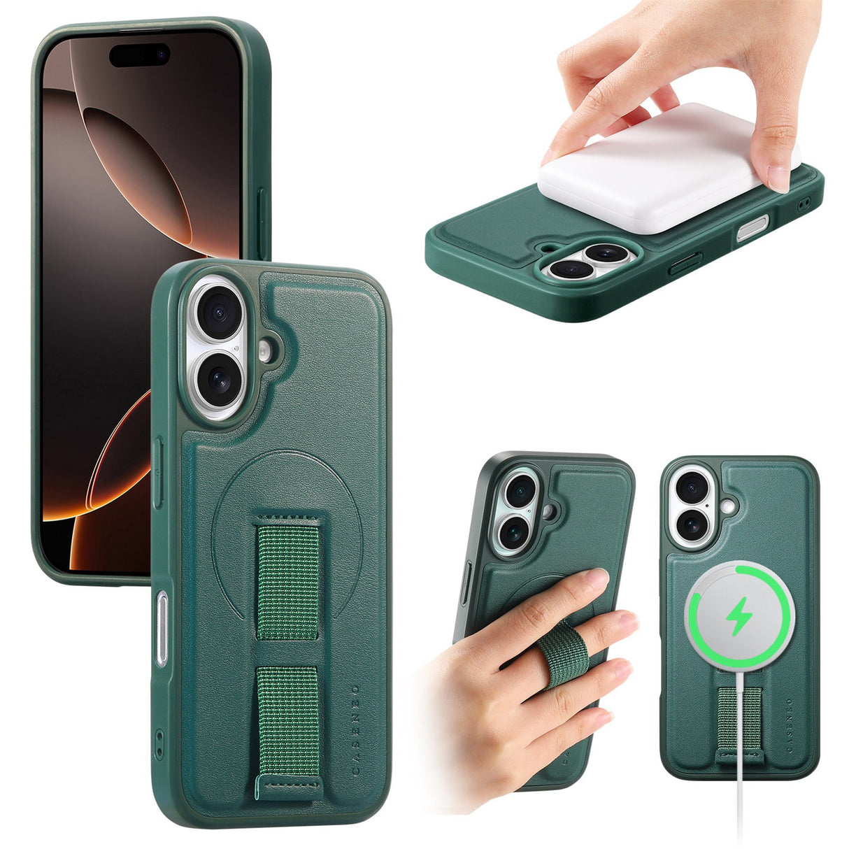 iPhone 16 Hard Plastic Case with Faux Leather Back & Finger Strap - MagSafe Compatible - Green