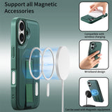 iPhone 16 Hard Plastic Case with Faux Leather Back & Finger Strap - MagSafe Compatible - Green