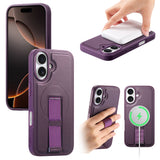 iPhone 16 Hard Plastic Case with Faux Leather Back & Finger Strap - MagSafe Compatible - Purple