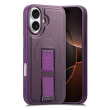 iPhone 16 Hard Plastic Case with Faux Leather Back & Finger Strap - MagSafe Compatible - Purple