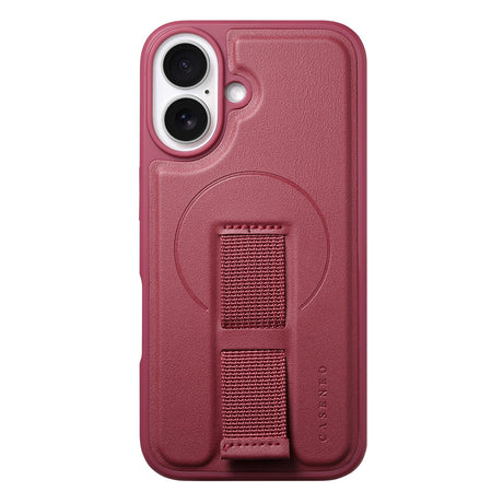 iPhone 16 Hard Plastic Case with Faux Leather Back & Finger Strap - MagSafe Compatible - Red