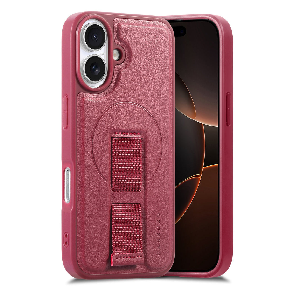 iPhone 16 Hard Plastic Case with Faux Leather Back & Finger Strap - MagSafe Compatible - Red