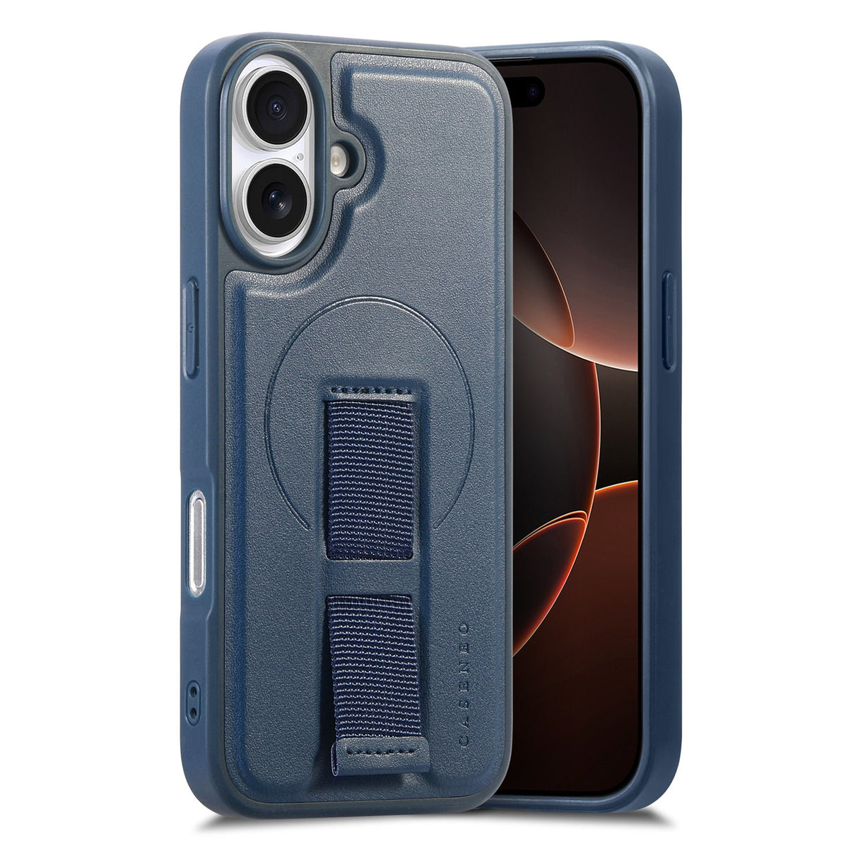 iPhone 16 Hard Plastic Case with Faux Leather Back & Finger Strap - MagSafe Compatible - Blue