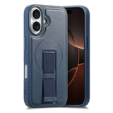 iPhone 16 Hard Plastic Case with Faux Leather Back & Finger Strap - MagSafe Compatible - Blue