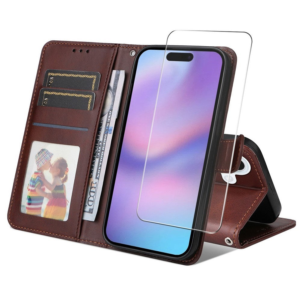 EIDERWOOD iPhone 17 2-in-1 Faux Leather Flip Case with Screen Protector Glass - Brown