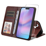 EIDERWOOD iPhone 17 2-in-1 Faux Leather Flip Case with Screen Protector Glass - Brown