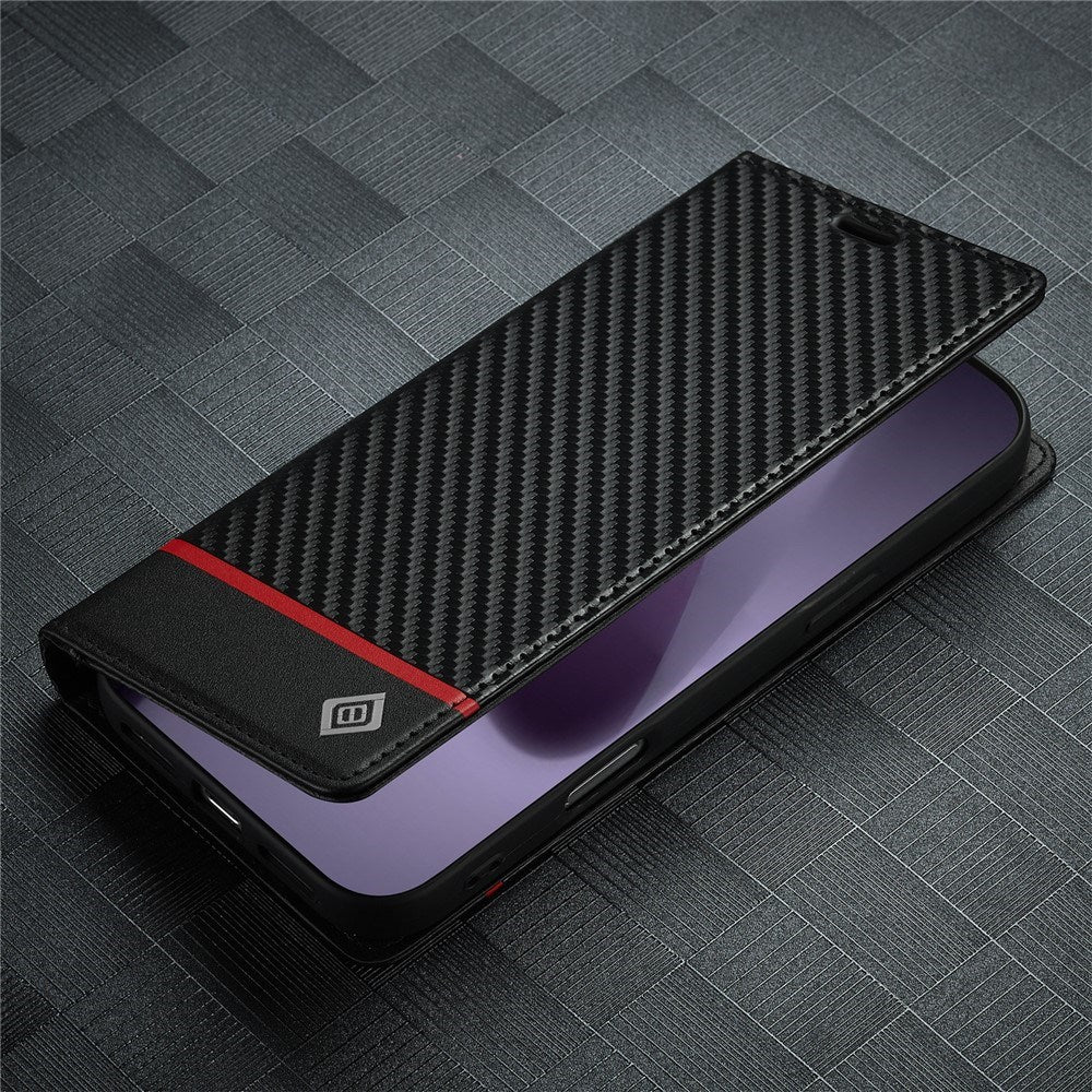 iPhone 18 Pro / 17 Pro LC.IMEEKE Artificial Leather Flip Case with Carbon Fiber - Black / Red Horizontal Stripe