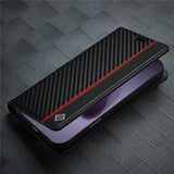 iPhone 18 Pro / 17 Pro LC.IMEEKE Artificial Leather Flip Case with Carbon Fiber - Black / Red Vertical Stripe