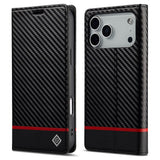 iPhone 18 Pro Max / 17 Pro Max LC.IMEEKE Artificial Leather Flip Case with Carbon Fiber - Black / Red Horizontal Stripe