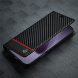 iPhone 18 Pro Max / 17 Pro Max LC.IMEEKE Artificial Leather Flip Case with Carbon Fiber - Black / Red Horizontal Stripe