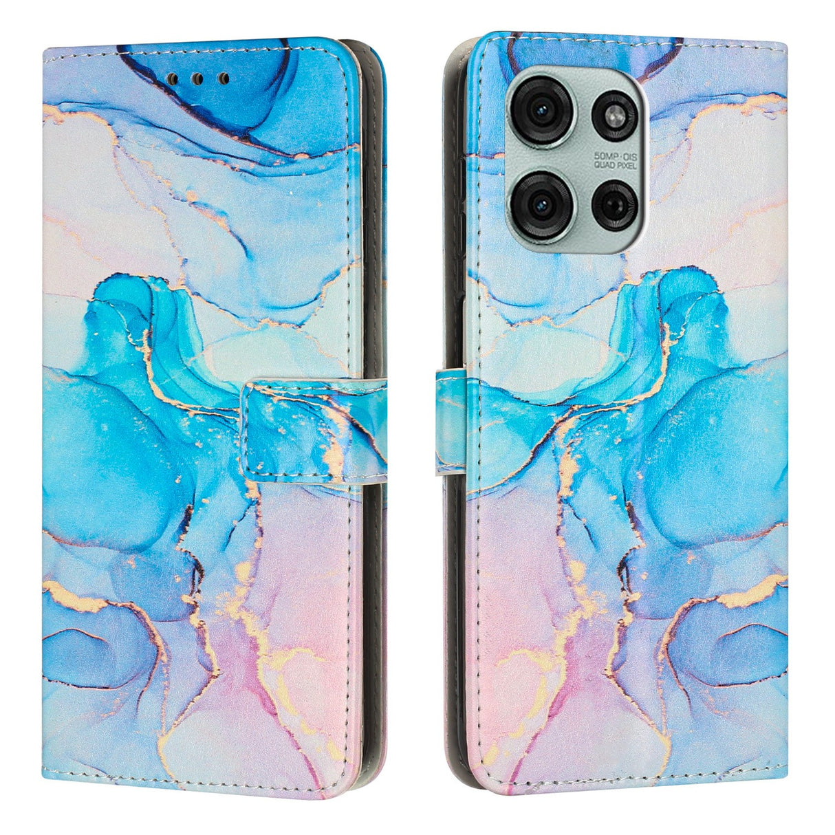 EIDERWOOD Motorola Moto G56 Marble Patterned Faux Leather Flip Case with Strap - Pink / Blue