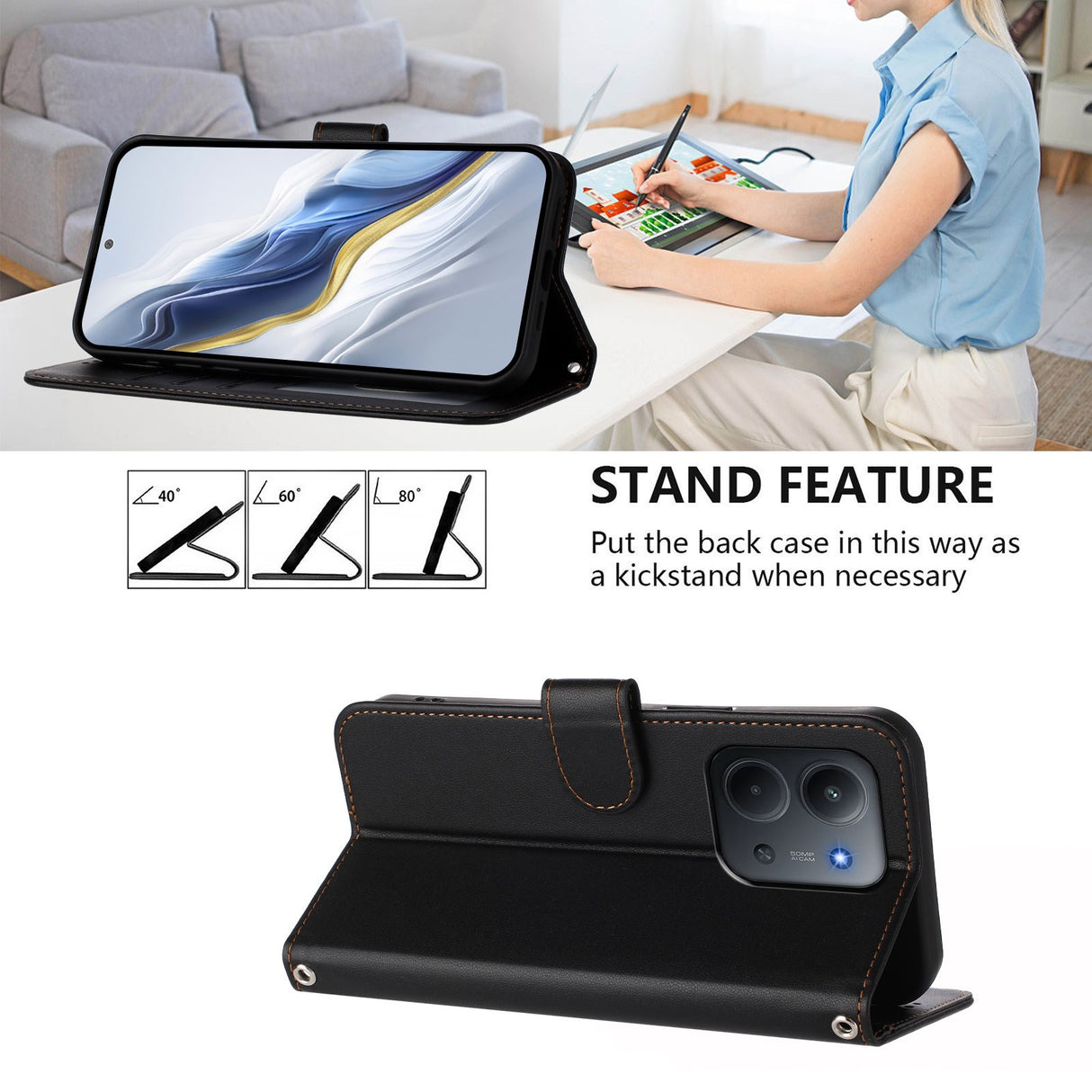 Xiaomi Redmi 15C (5G) / (4G) EIDERWOOD Flip Case with Card Holder & Stand Function - Black