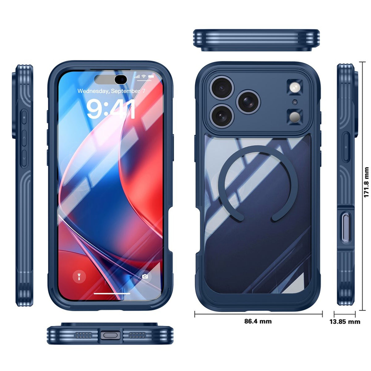 iPhone 18 Pro / 17 Pro Hybrid Plastic Case with Built-In Screen Protector - MagSafe Compatible - Transparent / Blue