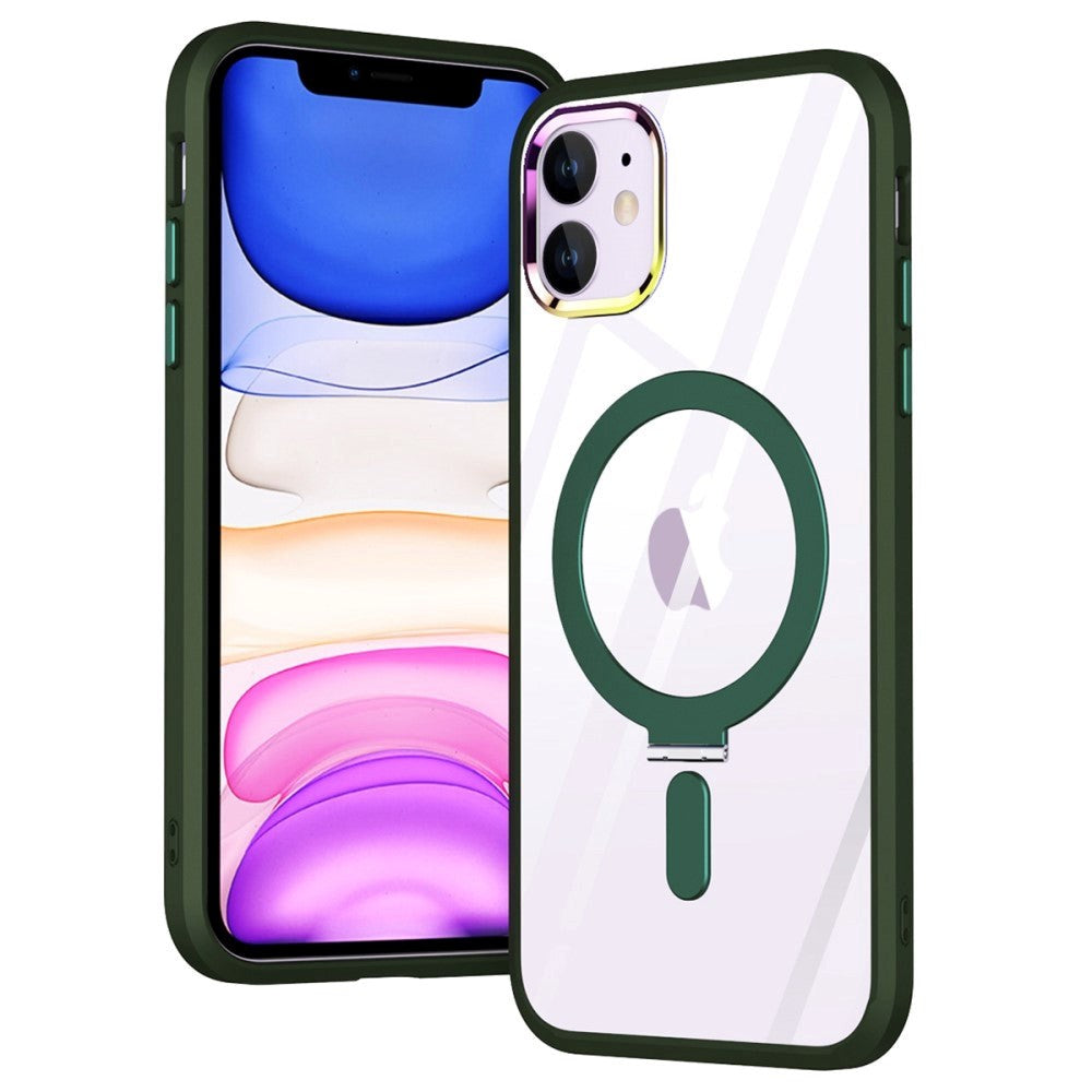 iPhone 11 Flexible Plastic Case with Magnetic Kickstand Ring - MagSafe Compatible - Transparent / Green